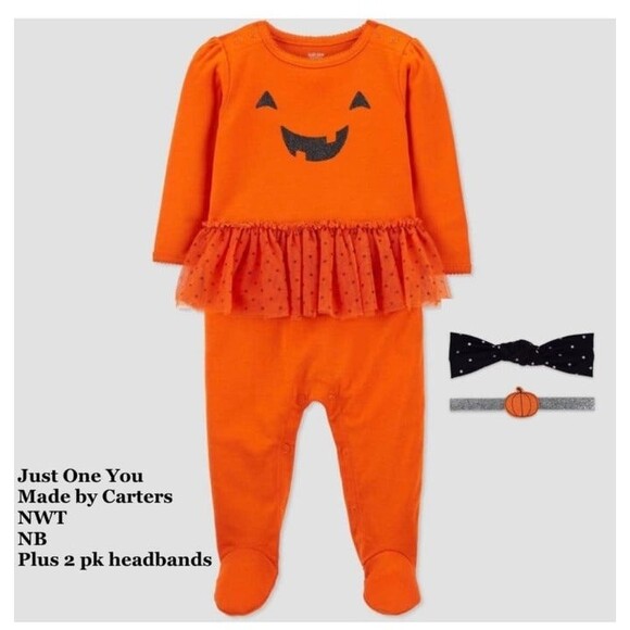 Newborn Halloween Carter's Pumpkin Skirted Sleeper PLUS 2 pack of headbands NB - Picture 1 of 1